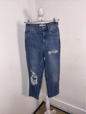 TopShop Denim High Waist Mom Jeans Straight Leg Distressed Ripped Jean Size 25